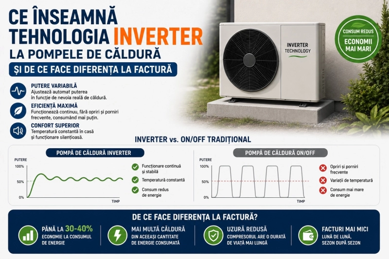 Ce înseamnă tehnologia inverter la pompele de caldură și de ce face diferența la factură